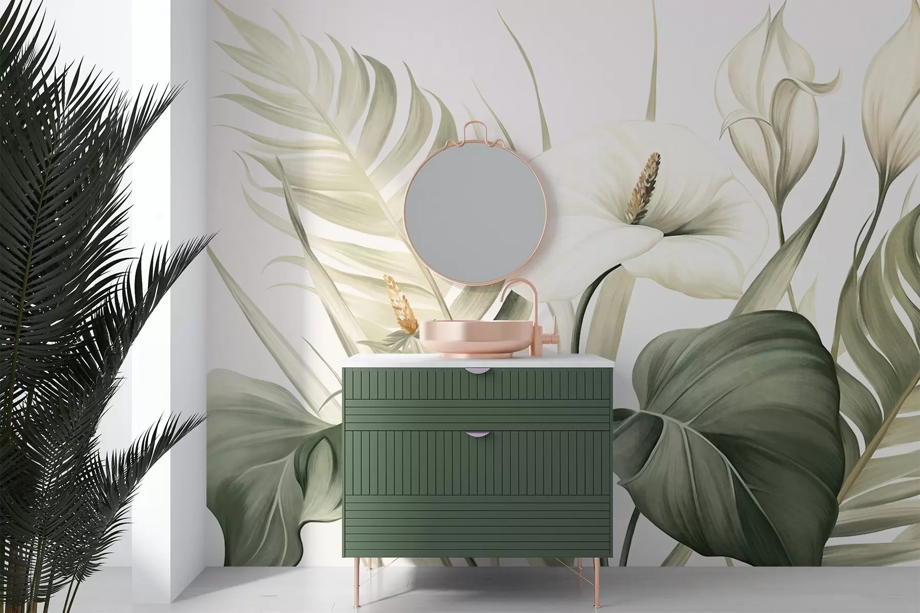 Fotobehang Witte calla lelies en groene tropische bladeren, botanische illustratie, lichte achtergrond, vintage stijl, textuur w09423