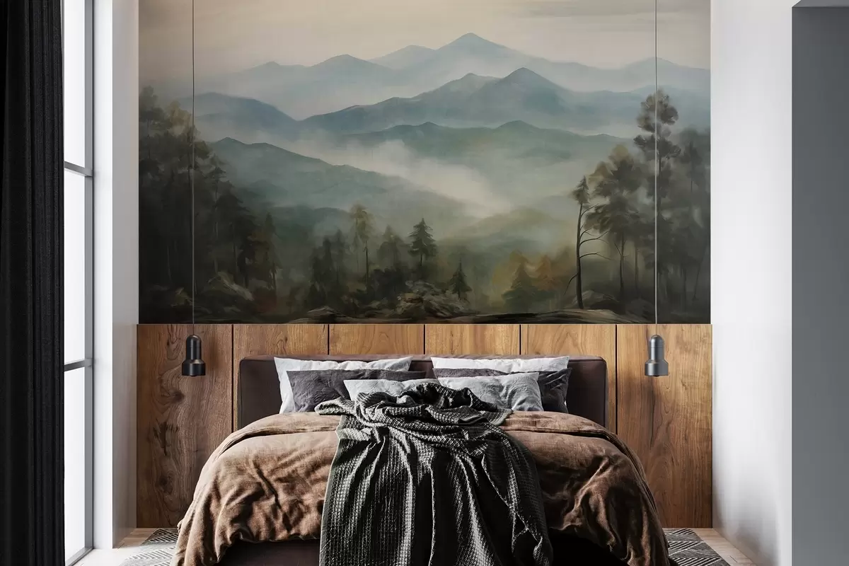 Fotobehang Mistige bergketen met bomen, mist, bewolkte lucht, gedempte kleuren, landschapsschilderstijl w09424