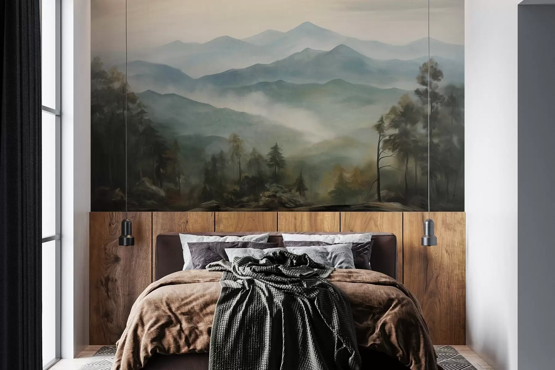 Fotobehang Mistige bergketen met bomen, mist, bewolkte lucht, gedempte kleuren, landschapsschilderstijl w09424
