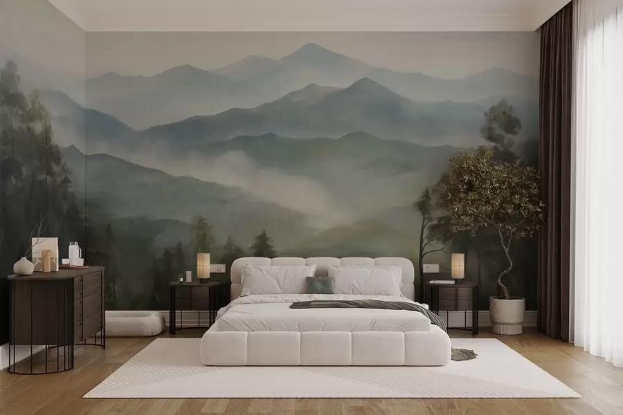Fotobehang Mistige bergketen met bomen, mist, bewolkte lucht, gedempte kleuren, landschapsschilderstijl w09424