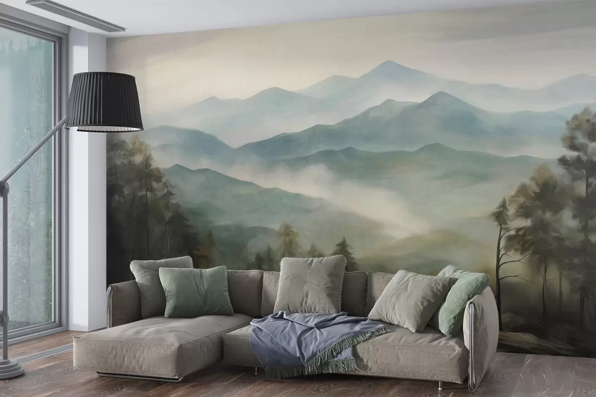 Fotobehang Mistige bergketen met bomen, mist, bewolkte lucht, gedempte kleuren, landschapsschilderstijl w09424