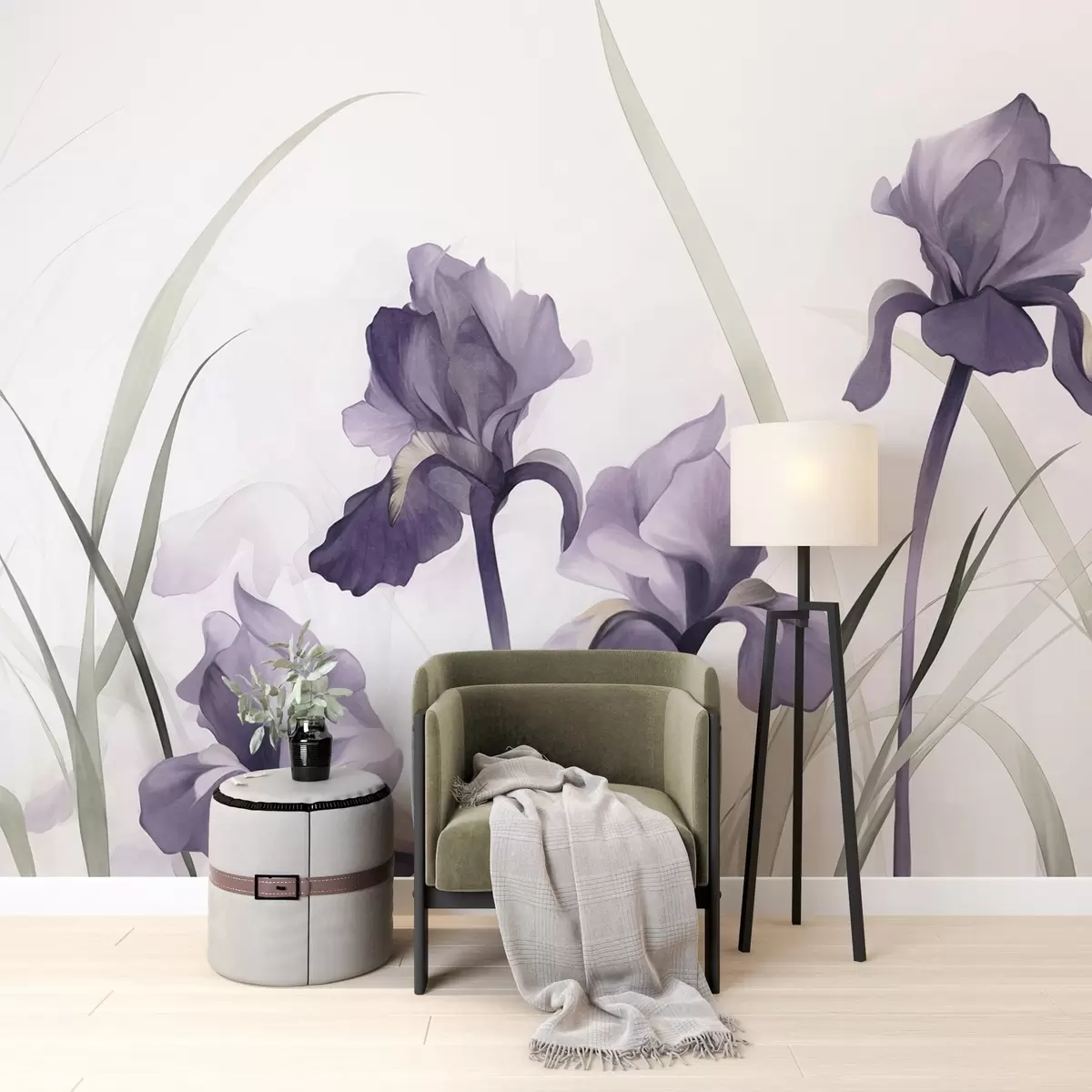 Fotobehang Paarse irisbloemen met groene stelen, aquarelstijl, witte achtergrond, zachte kleuren, elegant, artistiek w09425