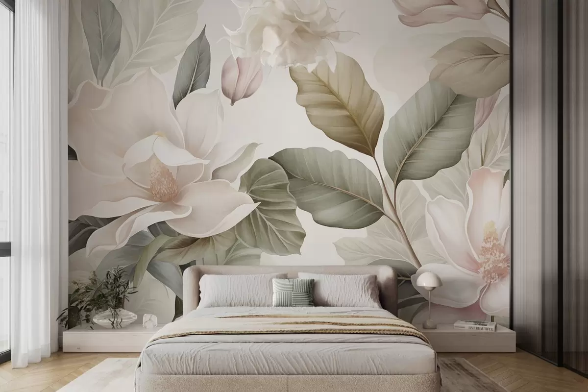 Fotobehang Magnoliabloemen met bladeren in pastelkleuren, wit, roze en groen, zacht, delicaat, aquarelstijl w09427
