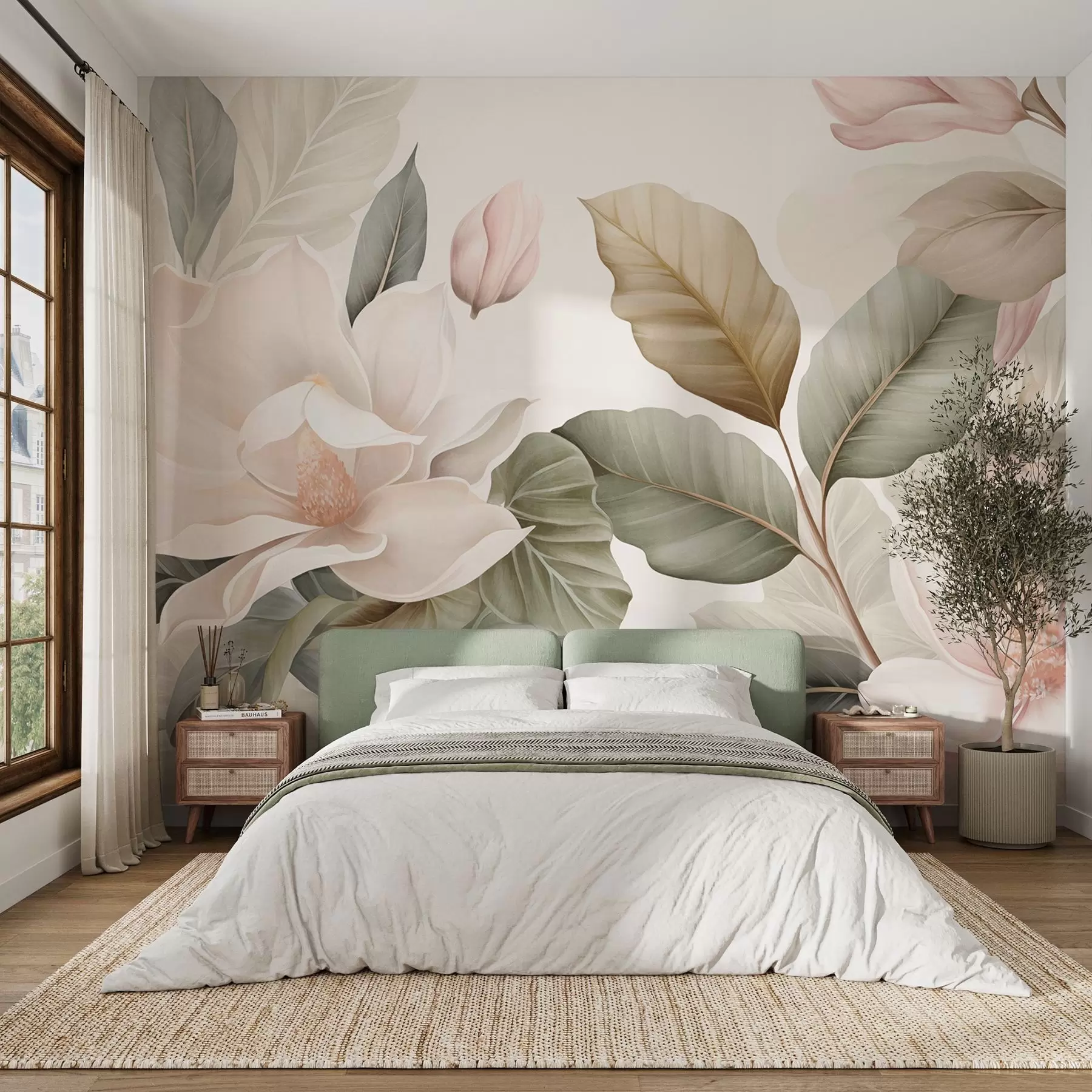 Fotobehang Magnoliabloemen met bladeren in pastelkleuren, wit, roze en groen, zacht, delicaat, aquarelstijl w09427
