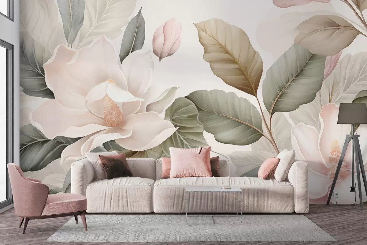 Fotobehang Magnoliabloemen met bladeren in pastelkleuren, wit, roze en groen, zacht, delicaat, aquarelstijl w09427