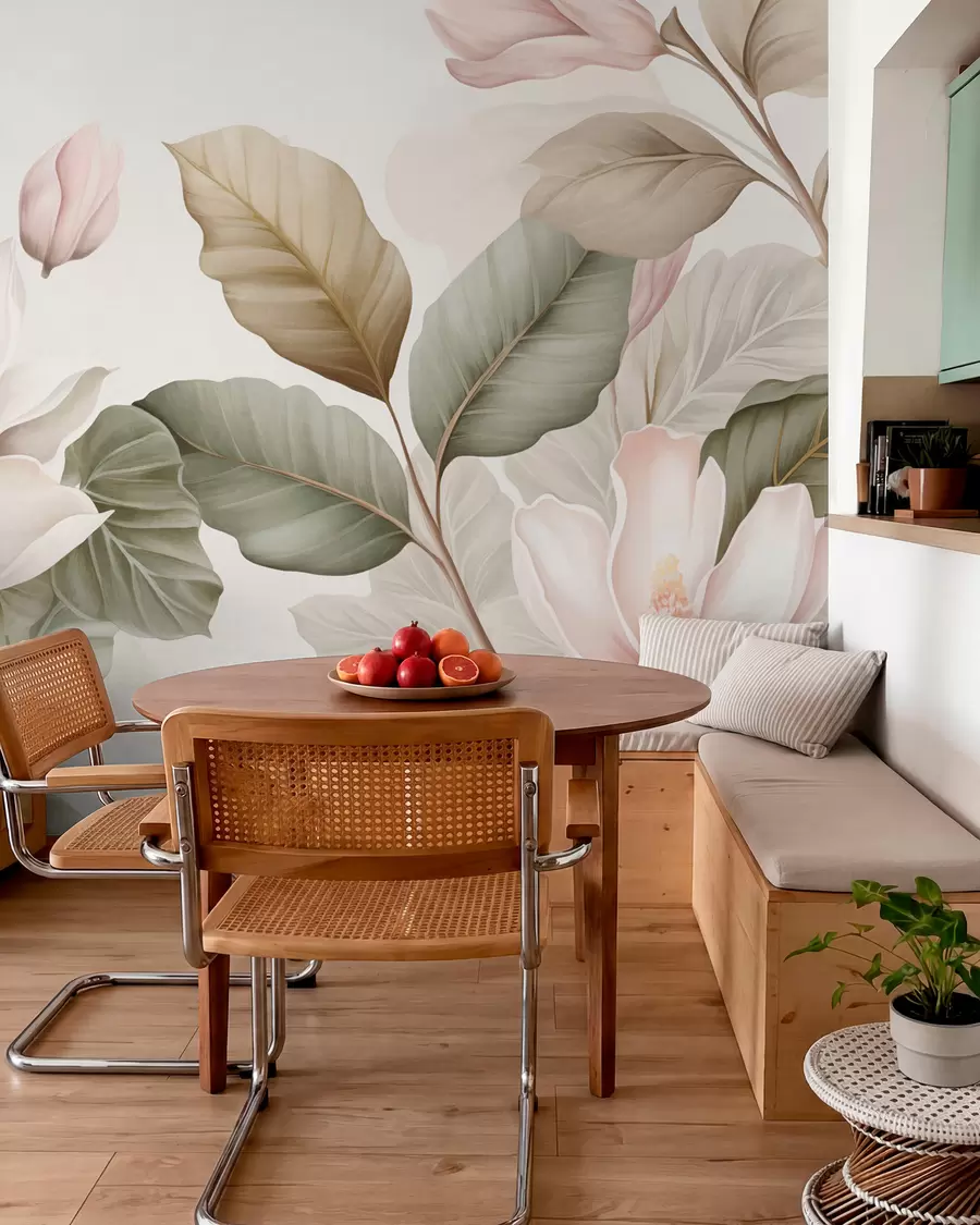 Fotobehang Magnoliabloemen met bladeren in pastelkleuren, wit, roze en groen, zacht, delicaat, aquarelstijl w09427