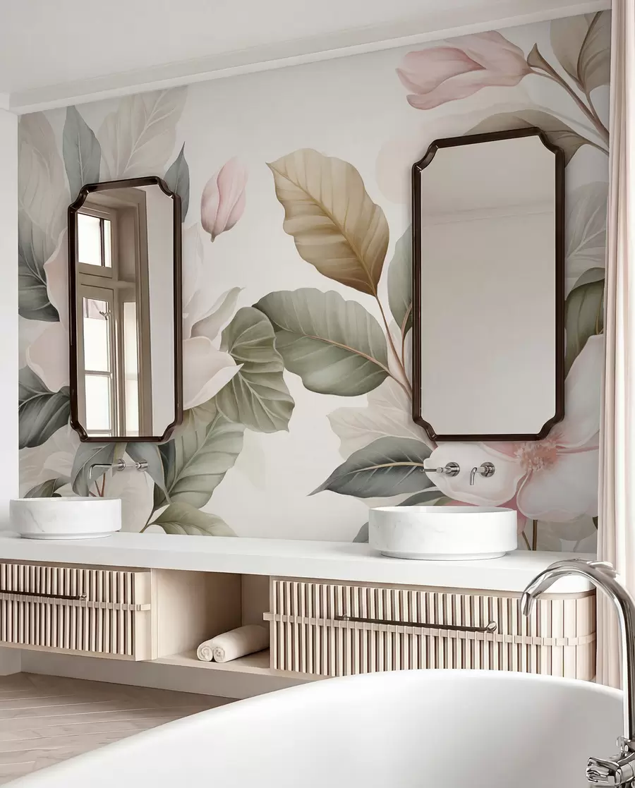 Fotobehang Magnoliabloemen met bladeren in pastelkleuren, wit, roze en groen, zacht, delicaat, aquarelstijl w09427