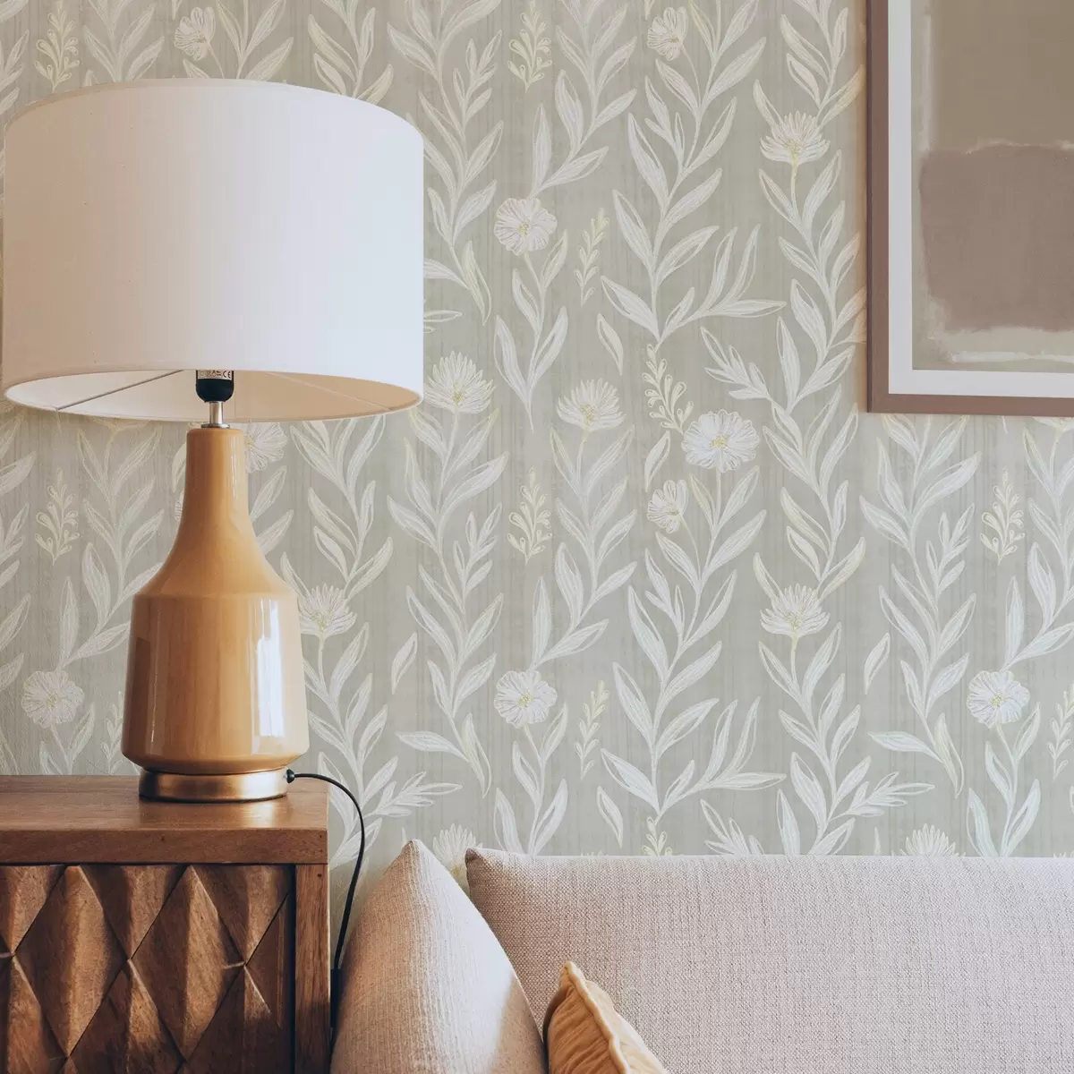 Behang Lichte grassen en bloemen op beige, schetsmatige lijnen a00618