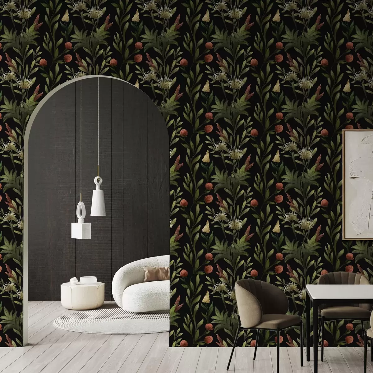 Behang Hoog gras en bloemen op zwarte, gedetailleerde print a00620