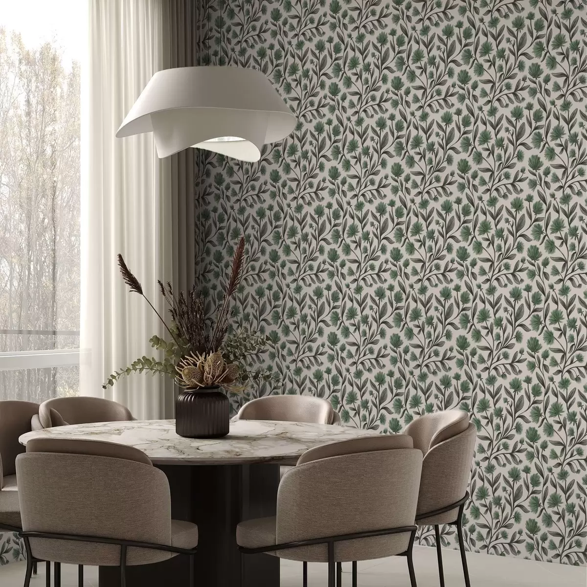 Behang Wilde bloemen in een groen palet op een crèmekleurige achtergrond a00623v3