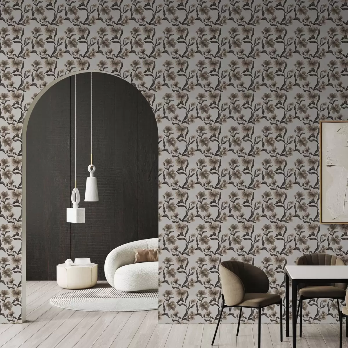 Behang Beige bloemen en donkere takken op een lichtgrijze achtergrond a00626v1