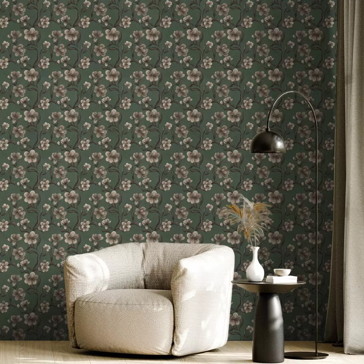 Behang Beige bloemen op een rijke groene achtergrond a00626v3