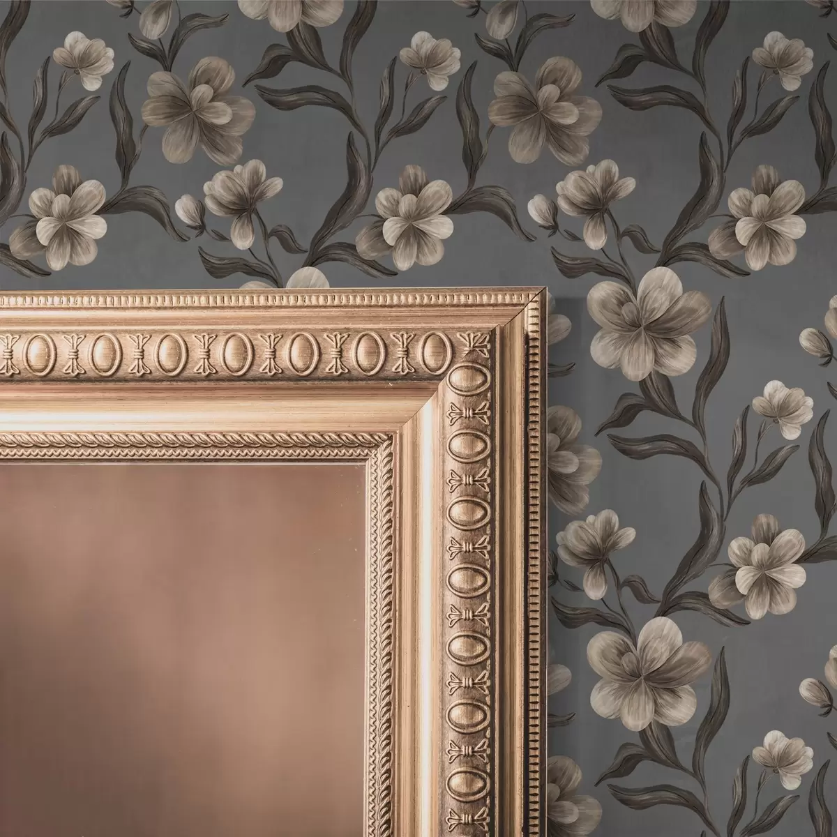 Behang Beige bloemen op een grafietgrijze achtergrond a00626v4