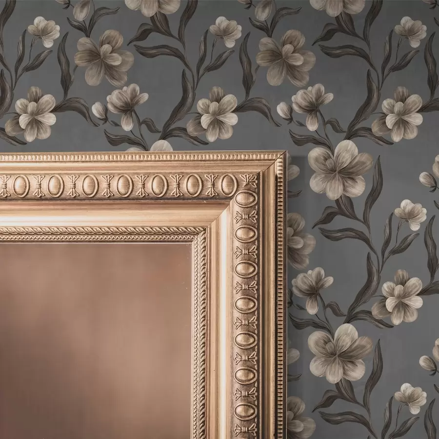 Fotobehang Beige bloemen op een grafietgrijze achtergrond a00626v4