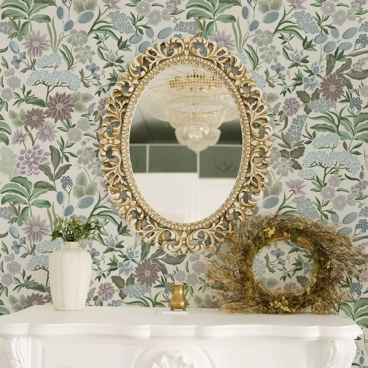 Behang Pastelkleurige bloemen en bladeren in een mintblauw kleurenpalet a00642