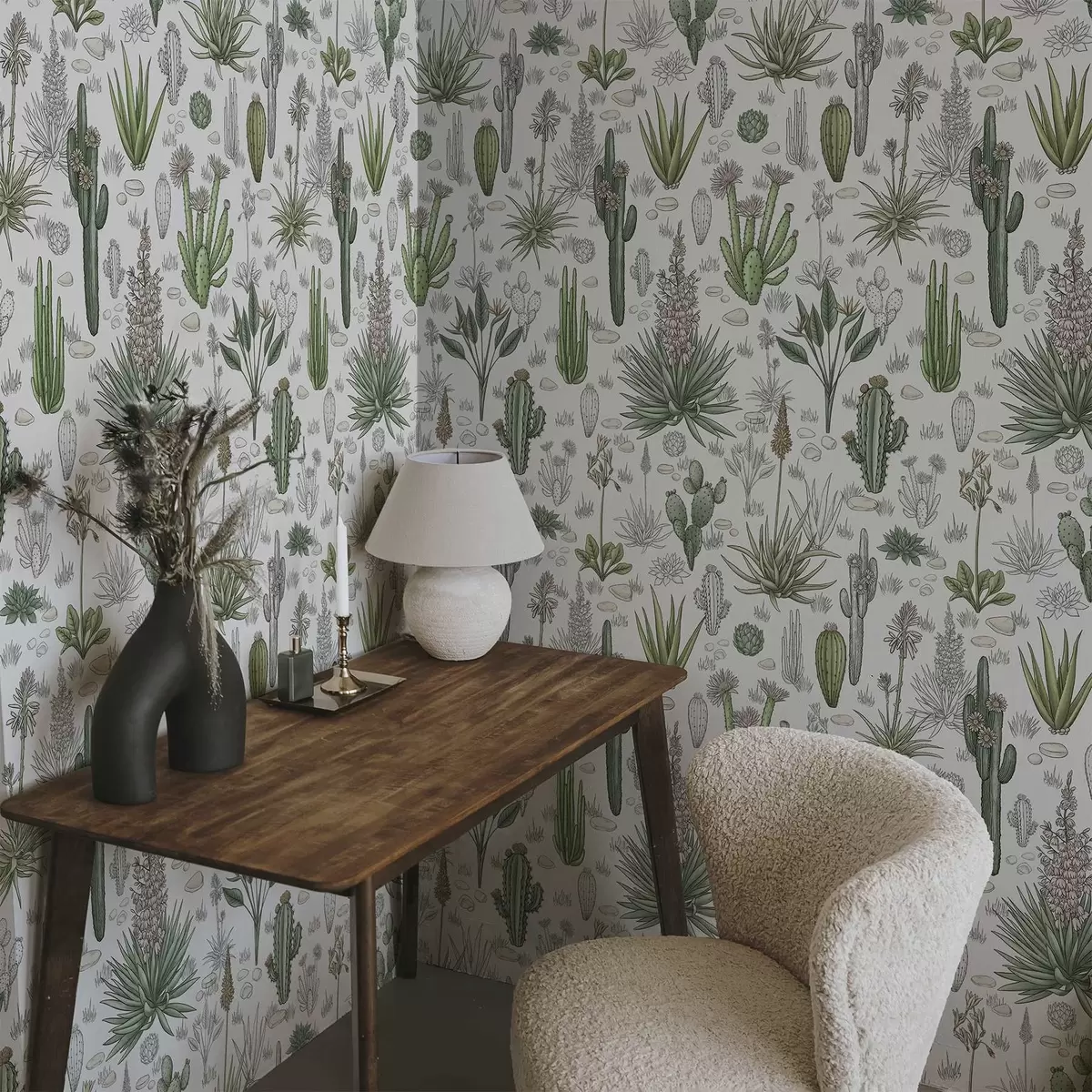 Behang Cactussen en vetplanten op een lichte achtergrond, lineaire stijl a00666v1