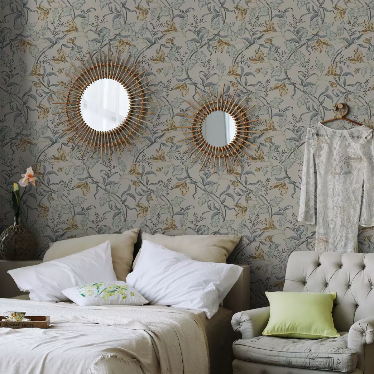 Behang Vintage bloemen met blauw blad op een crèmekleurige achtergrond a00717