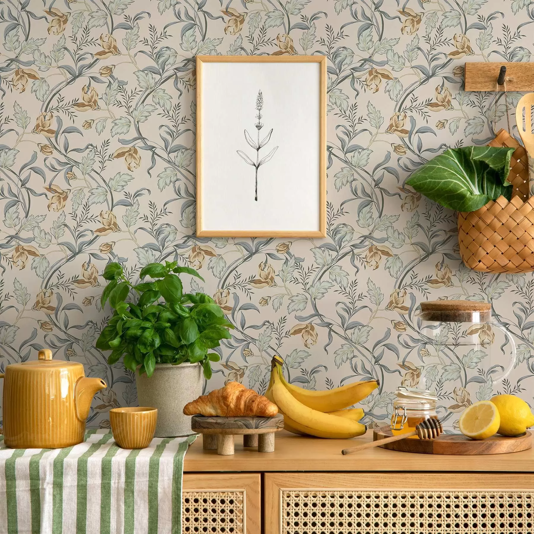 Fotobehang Vintage bloemen met blauw blad op een crèmekleurige achtergrond a00717