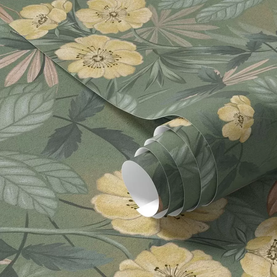 Fotobehang Gele bloemen te midden van groene bladeren a00718