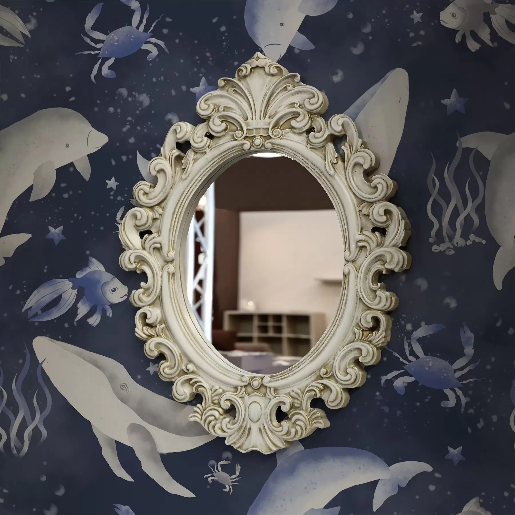 Fotobehang Zeewalvissen, dolfijnen en krabben op een donkerblauwe achtergrond a00720