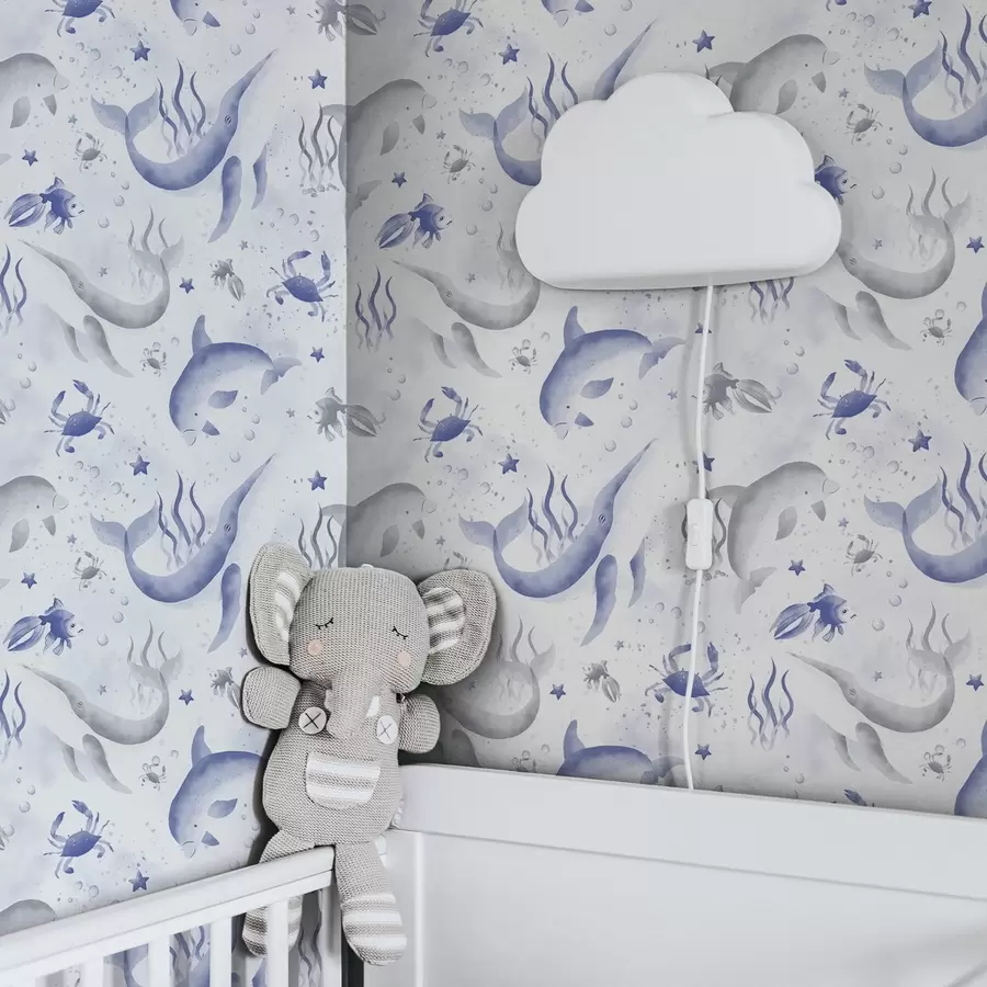 Fotobehang Zeewalvissen en dolfijnen in blauwe tinten op een witte achtergrond a00720v1