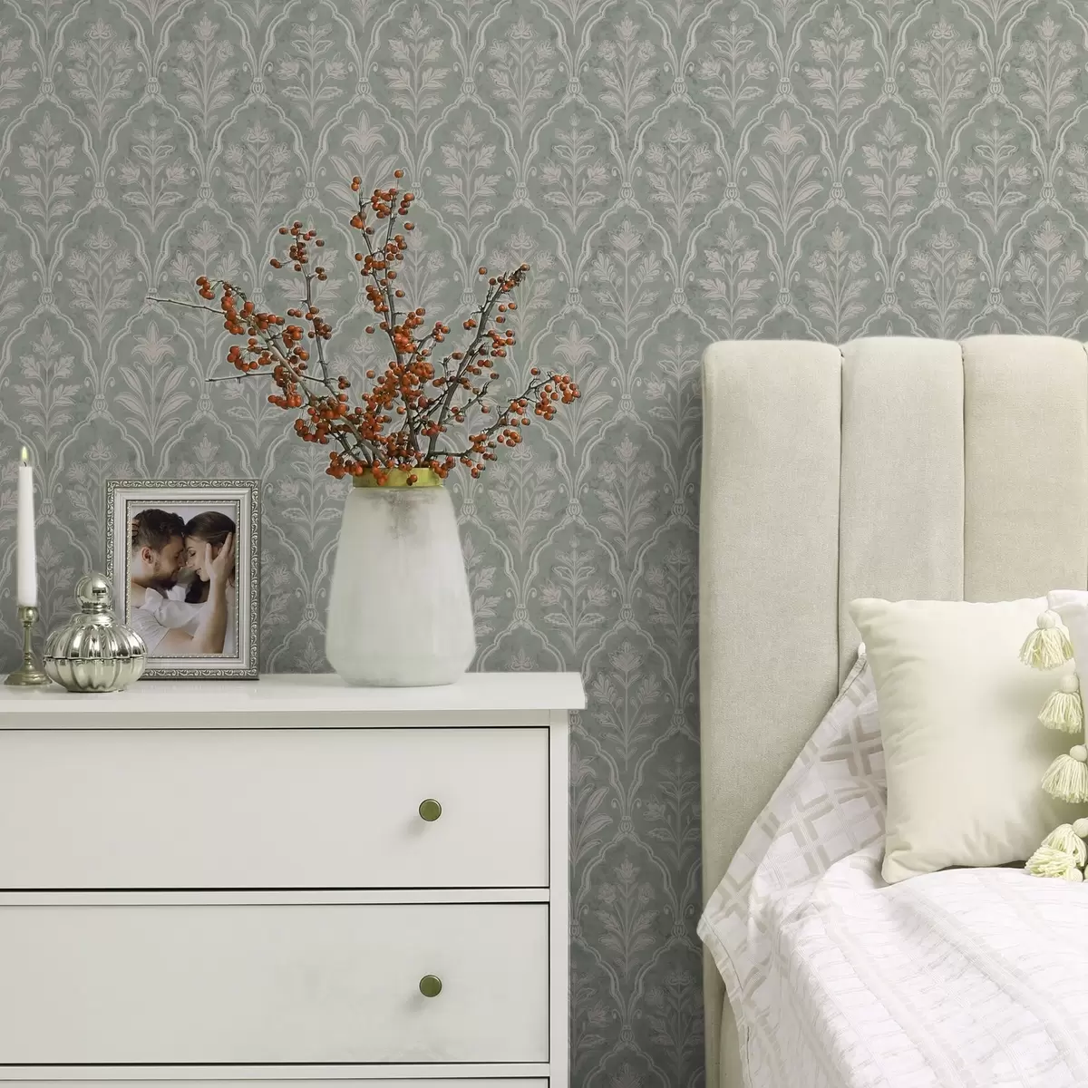 Behang Mint damast met fijne bloemenmedaillons a00741