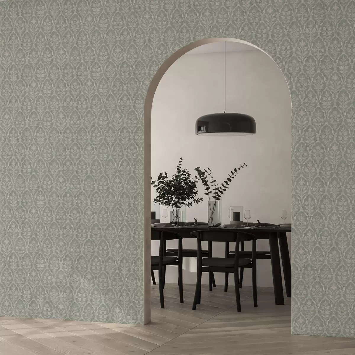 Behang Mint damast met fijne bloemenmedaillons a00741 Behang Mint damast met fijne bloemenmedaillons a00741