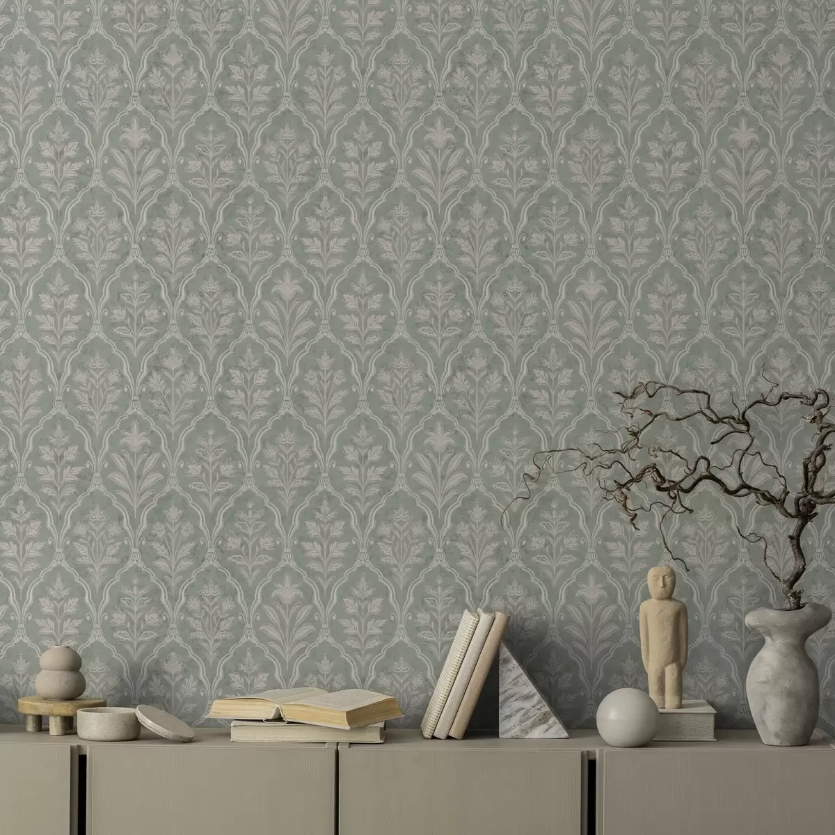 Behang Mint damast met fijne bloemenmedaillons a00741