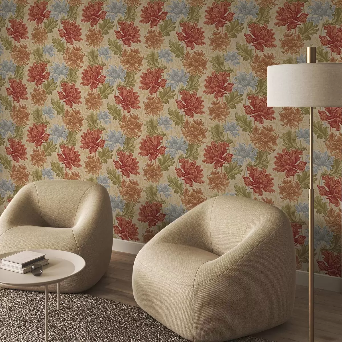 Behang Grote chrysanten in warme tinten op een beige achtergrond a00743 Behang Grote chrysanten in warme tinten op een beige achtergrond a00743