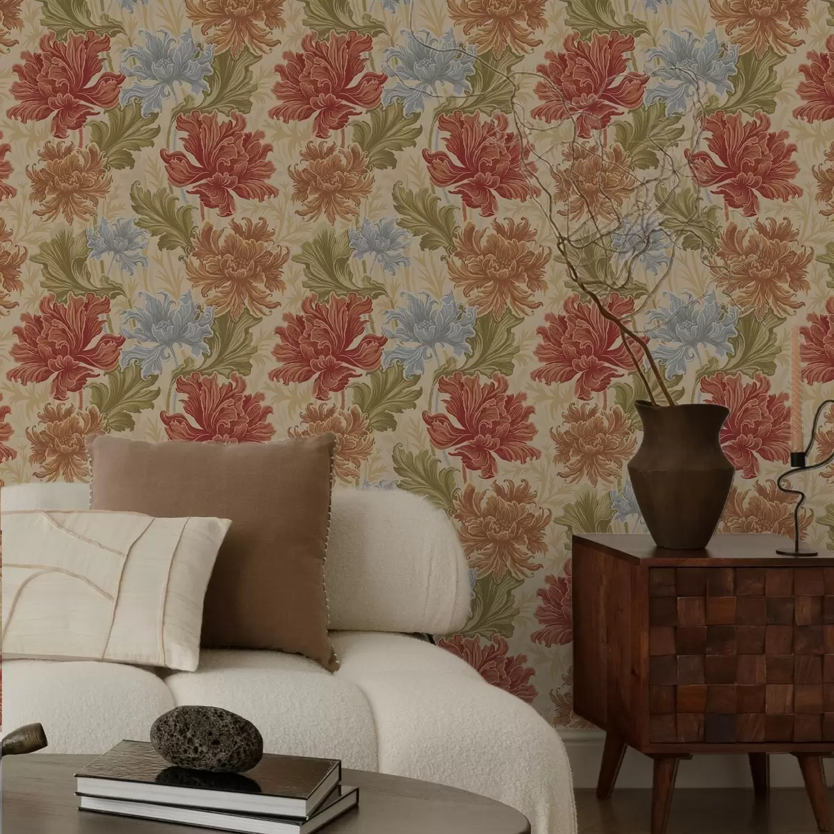 Behang Grote chrysanten in warme tinten op een beige achtergrond a00743