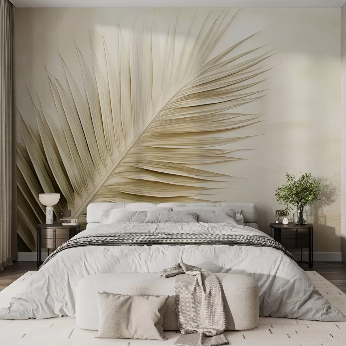 Fotobehang Beige palmblad op zachte gestructureerde achtergrond w04618