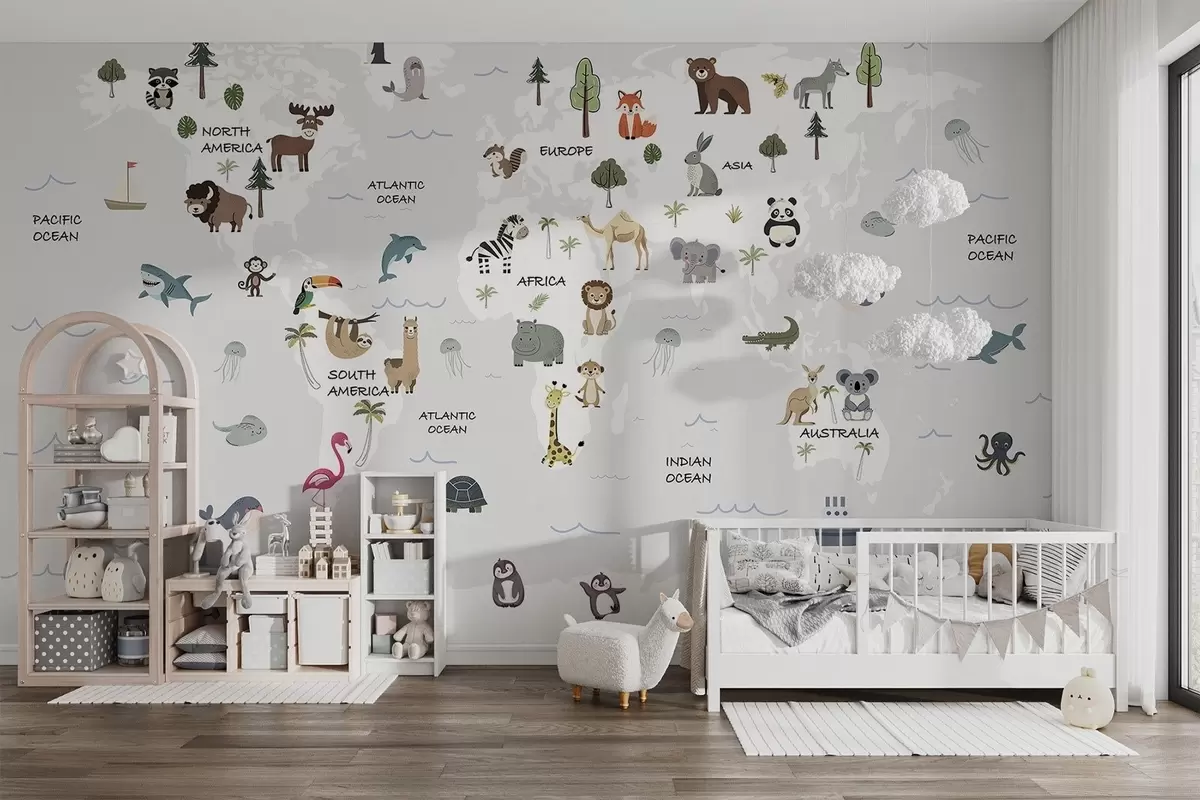 Fotobehang Wereldkaart met dieren w04663
