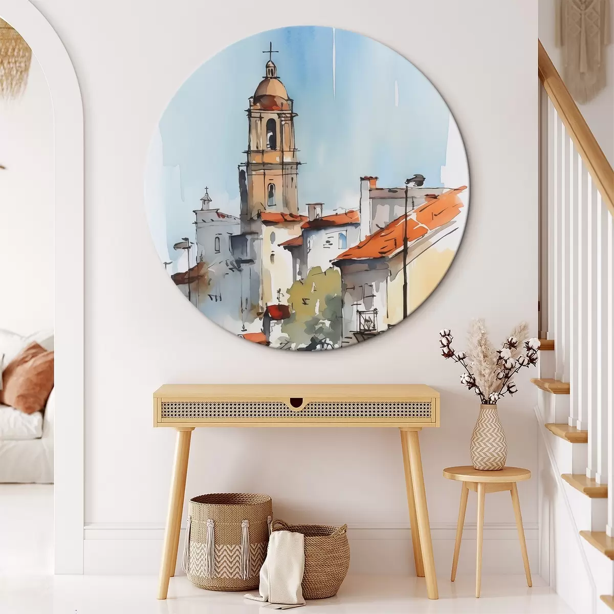 Ronde schilderijen Stadsgezicht imitatie aquarel r46120