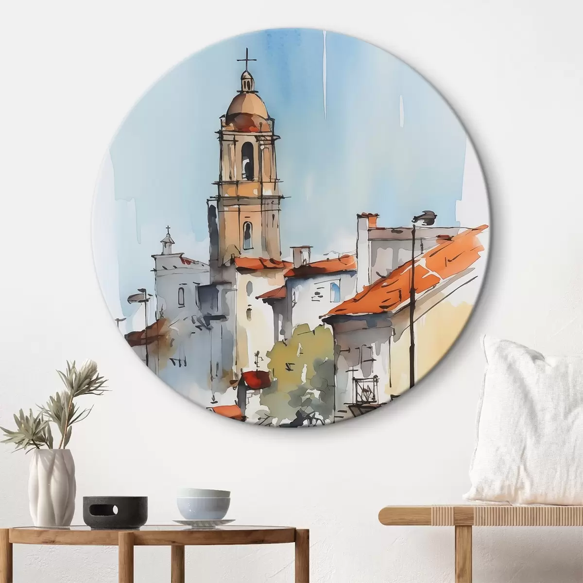 Ronde schilderijen Stadsgezicht imitatie aquarel r46120