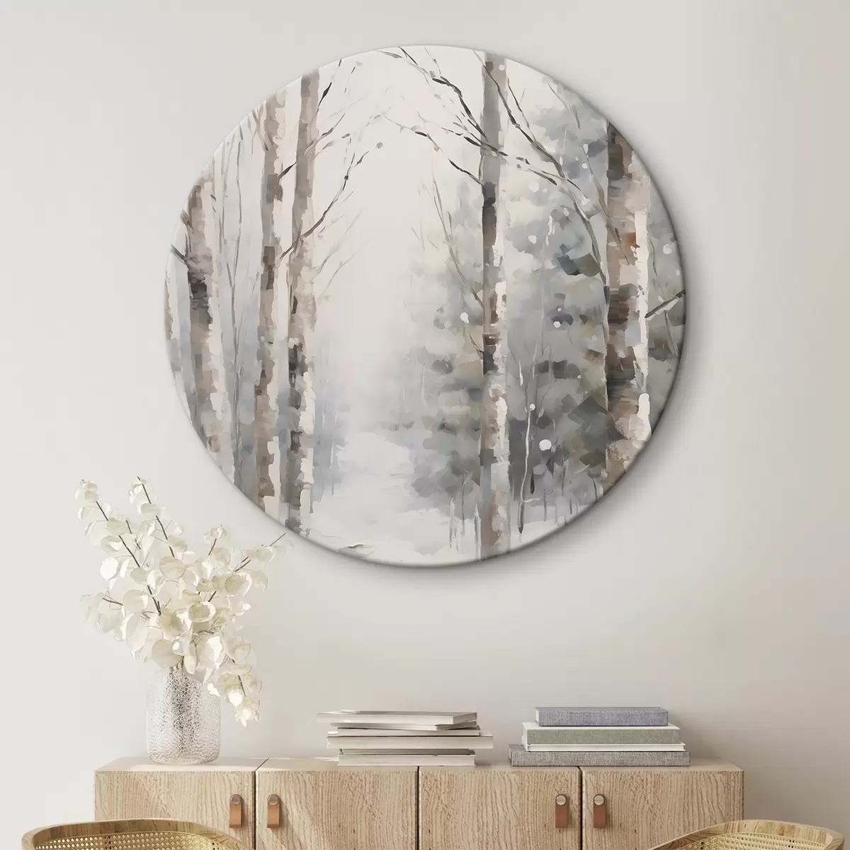 Ronde schilderijen Berkenbomen in een winterbos r46129