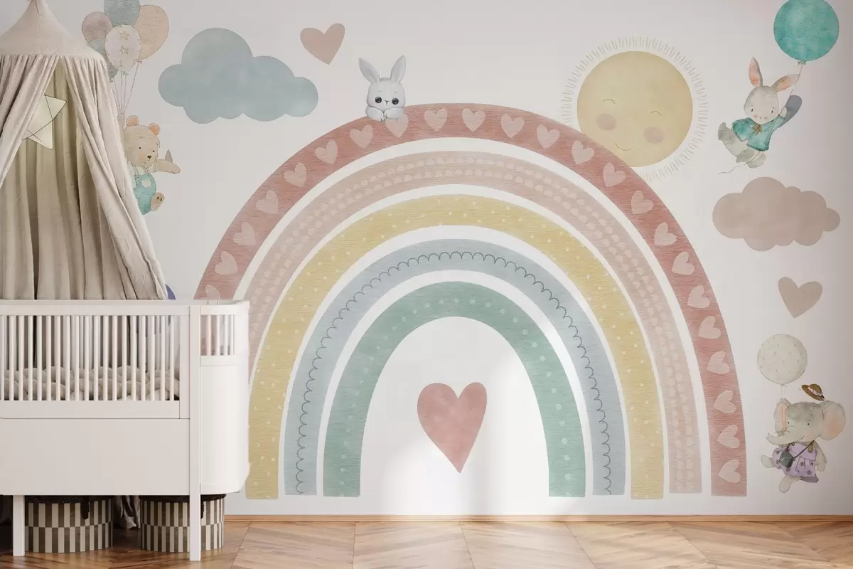 Fotobehang Pastelkleurige regenboog met hartjes, dieren en ballonnen w04681