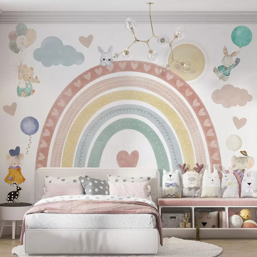 Fotobehang Pastelkleurige regenboog met hartjes, dieren en ballonnen w04681
