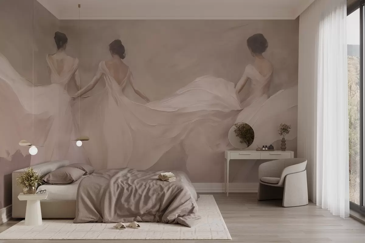 Fotobehang Drie vrouwen in roze jurken, soepel vallende stof, zachtheid w04709