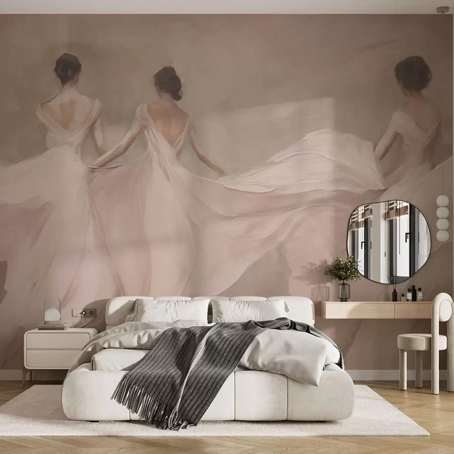 Fotobehang Drie vrouwen in roze jurken, soepel vallende stof, zachtheid w04709