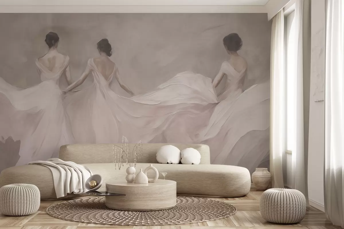 Fotobehang Drie vrouwen in roze jurken, soepel vallende stof, zachtheid w04709