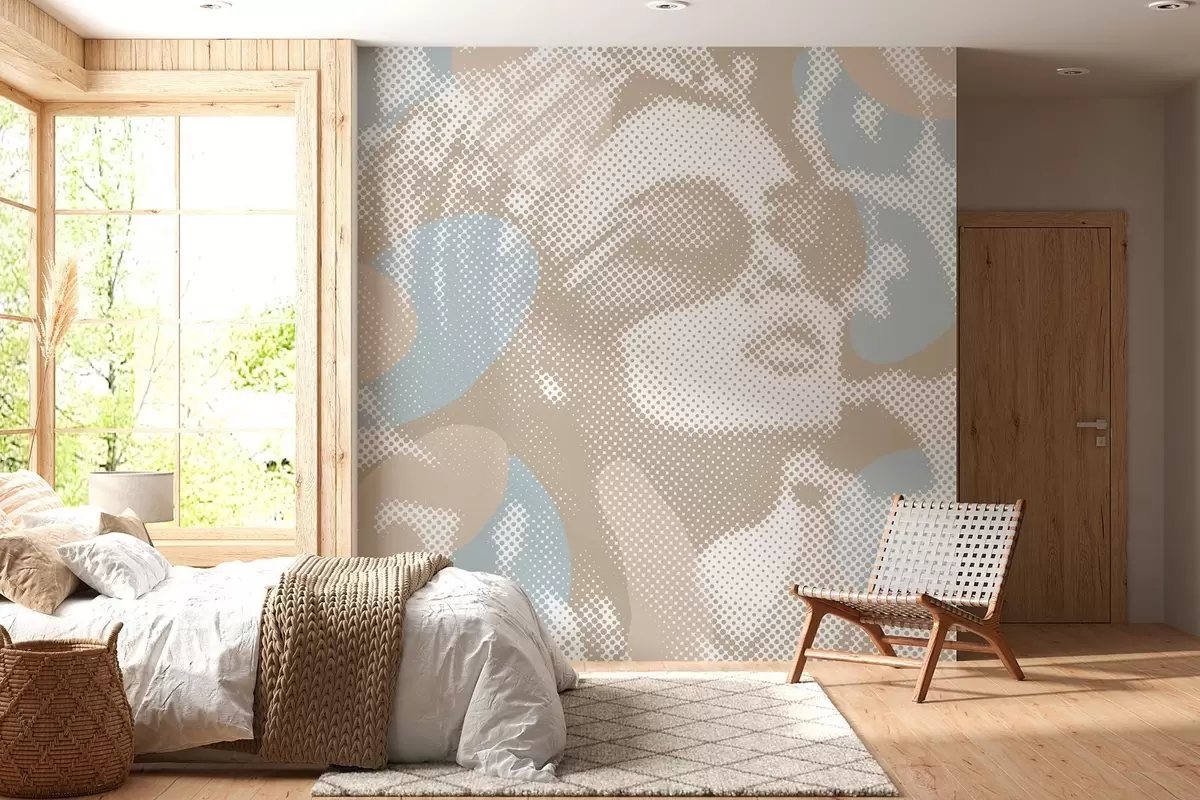 Fotobehang portret van een vrouw op een luipaardachtergrond in een gestippelde stijl in beige en blauwe tinten w04630