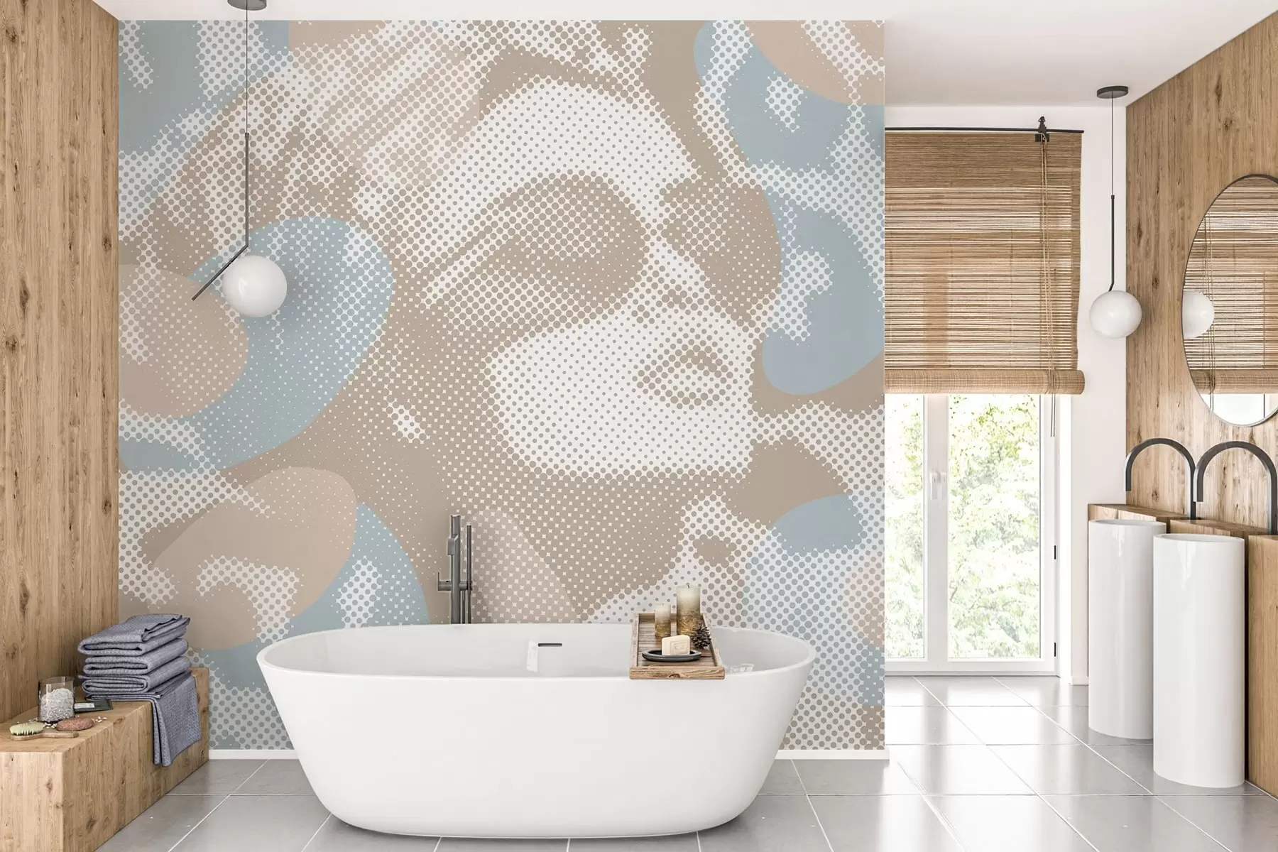 Fotobehang portret van een vrouw op een luipaardachtergrond in een gestippelde stijl in beige en blauwe tinten w04630
