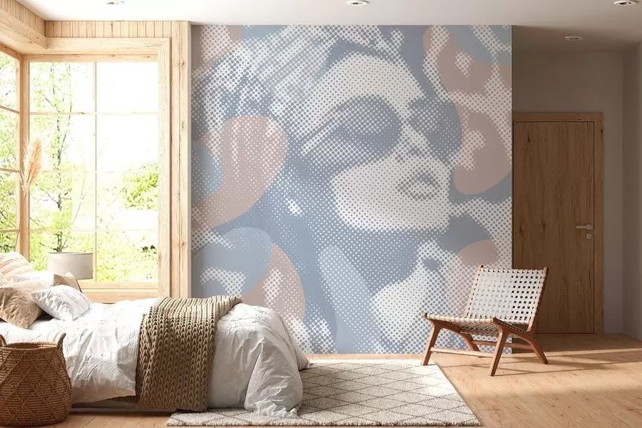 Fotobehang portret van een vrouw op een luipaardachtergrond in een gestippelde stijl in blauwtinten w04630v1