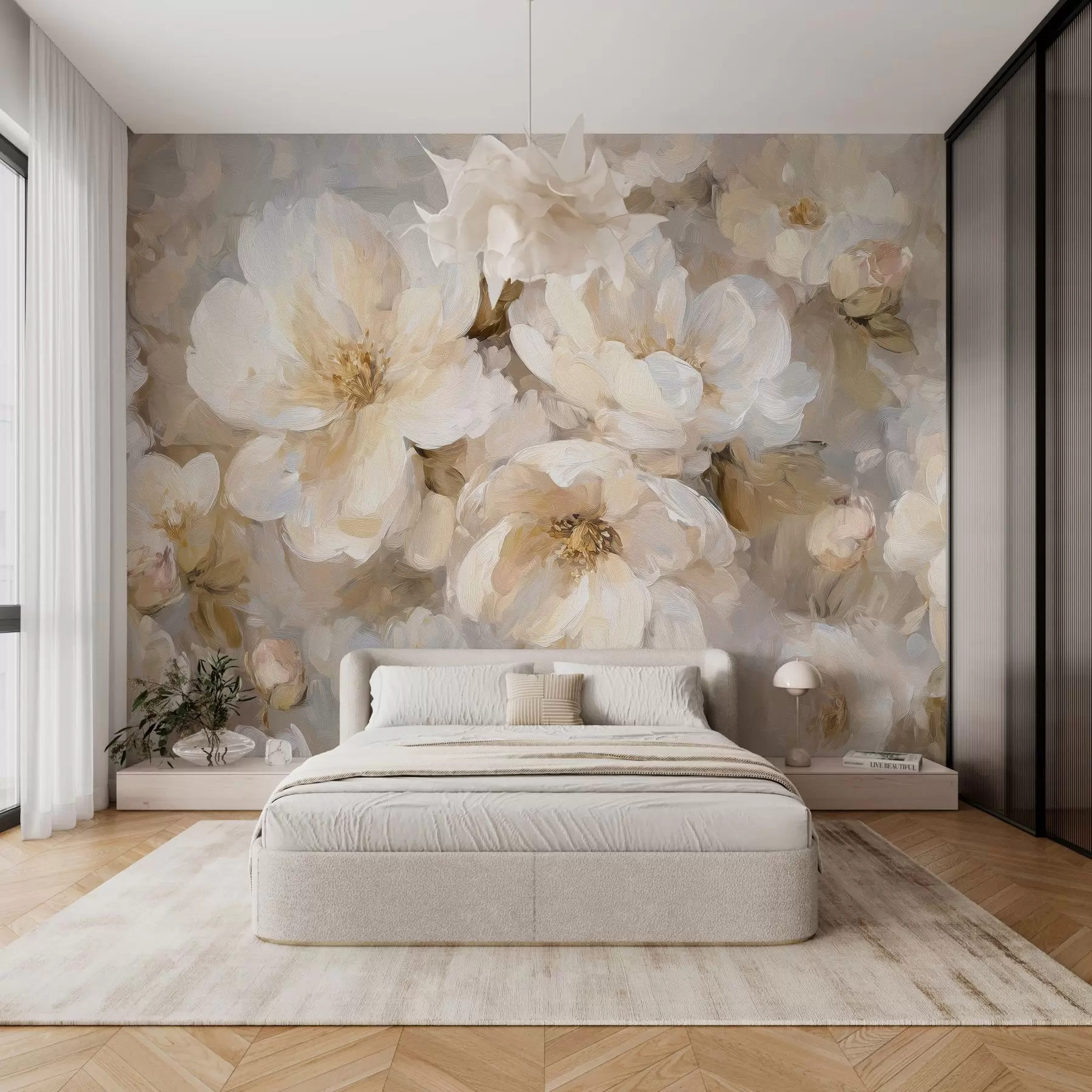Fotobehang grote bloemen in witte en beige tinten in de stijl van een olieverfschilderij w04633