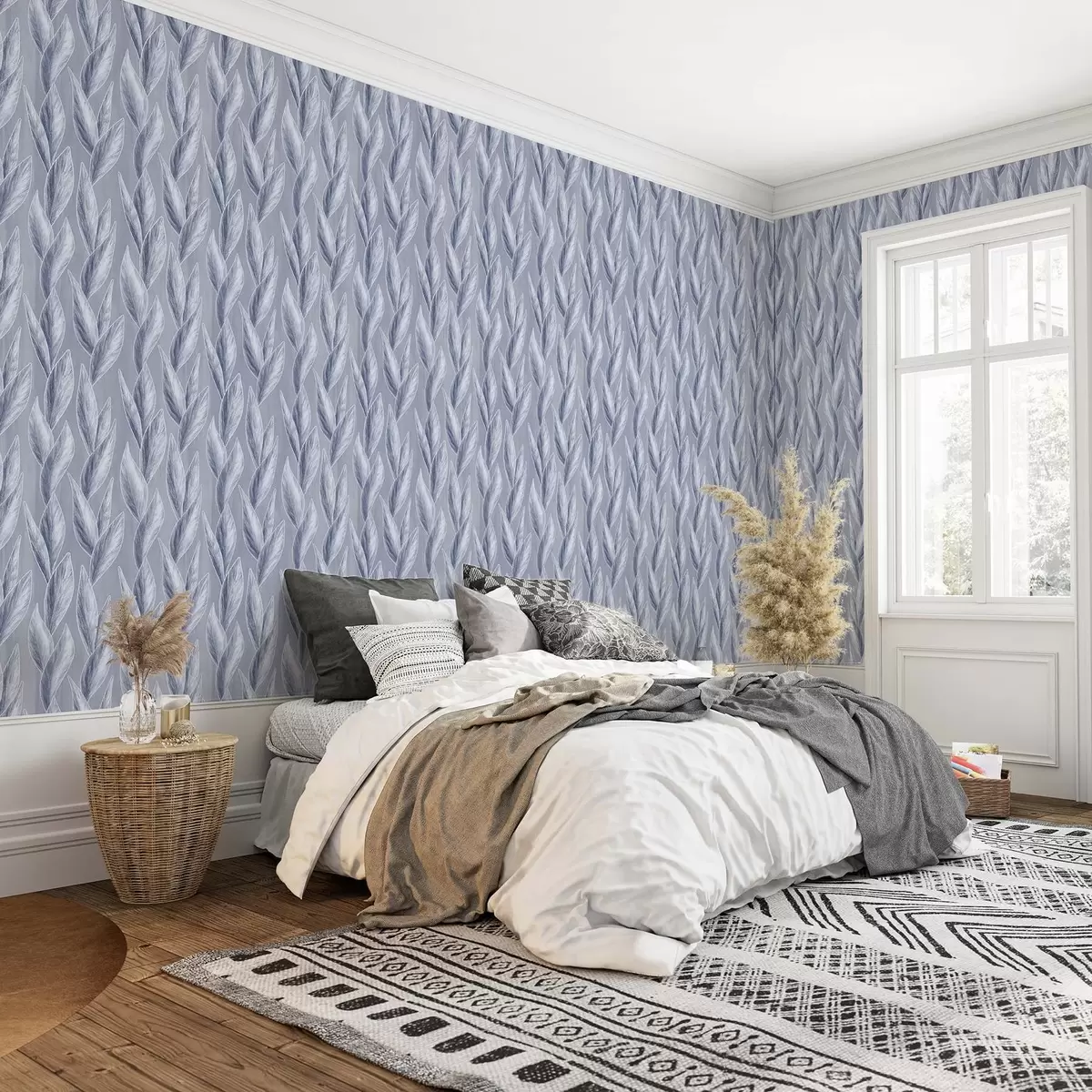 Behang Zilverblauwe bladeren op een grijsblauwe achtergrond, grafisch patroon a00627