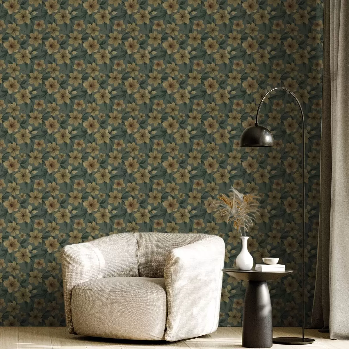 Behang Okerkleurige bloemen op een diepgroene achtergrond, dicht patroon a00628 Behang Okerkleurige bloemen op een diepgroene achtergrond, dicht patroon a00628