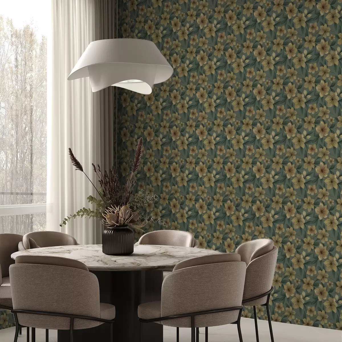 Behang Okerkleurige bloemen op een diepgroene achtergrond, dicht patroon a00628