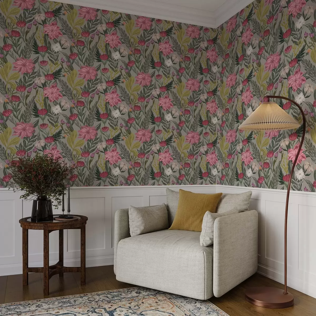 Behang Weelderige roze en crèmekleurige bloemen op een grijze achtergrond, impasto-textuur a00629