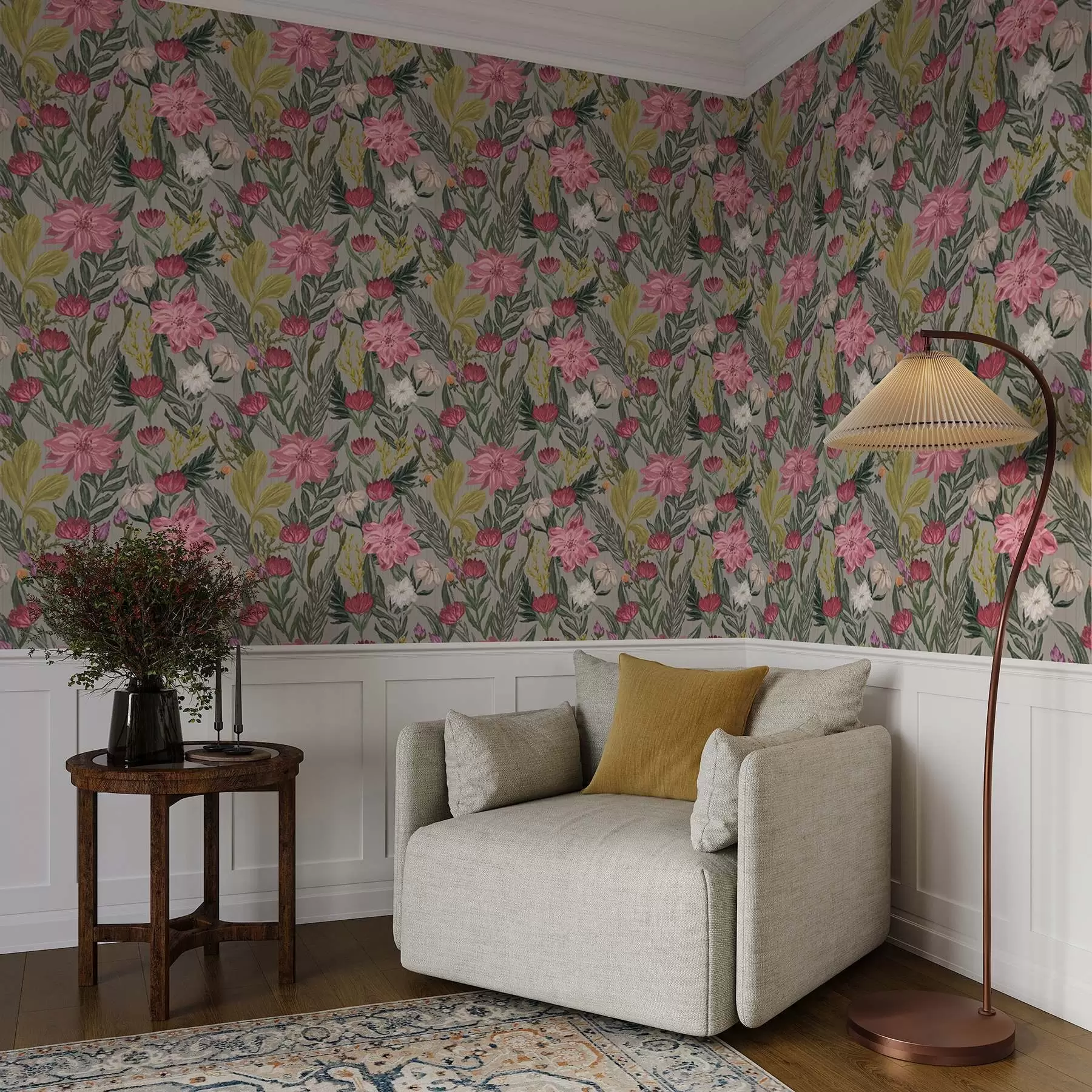 Fotobehang Weelderige roze en crèmekleurige bloemen op een grijze achtergrond, impasto-textuur a00629