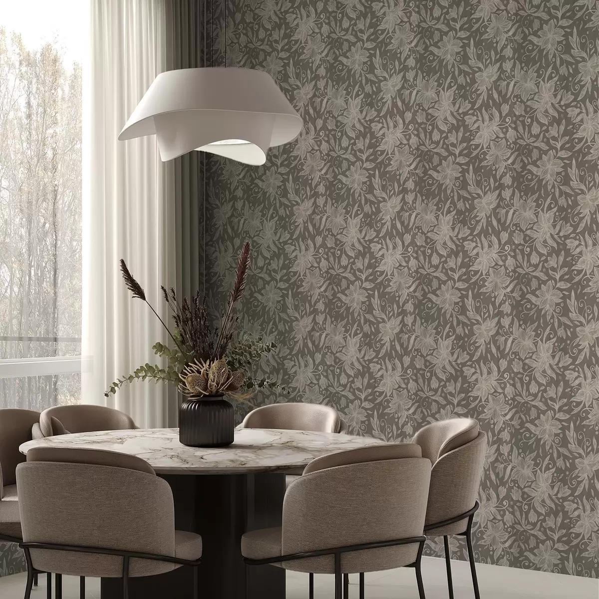 Behang Lichte lineaire bloemen, decoratieve krullen a00630v1